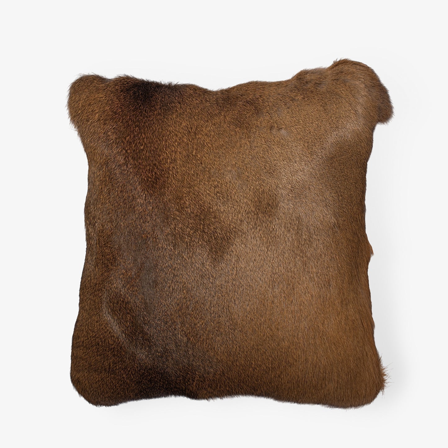 Natural brown colored, hair-on deerskin lumbar pillow on a white background